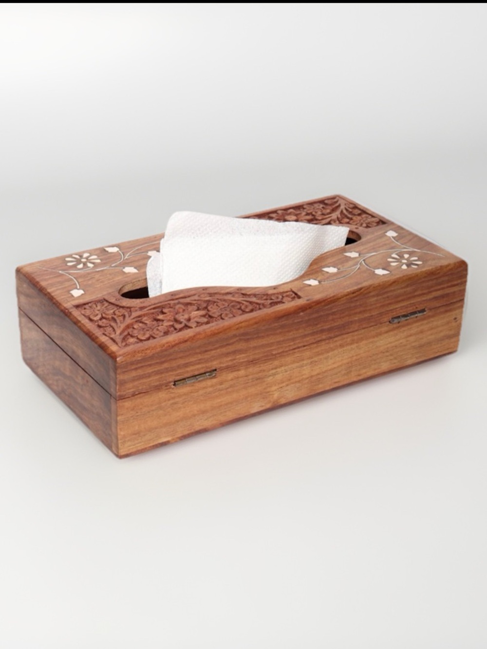 Floral Engraved Hinged Wooden Tissue Box